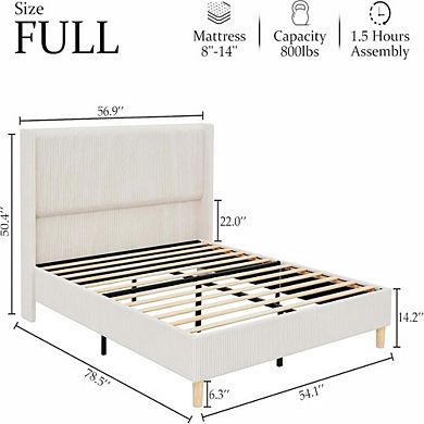 Corduroy Upholstered Bed Frame with Wingback Headboard and Wooden Slats