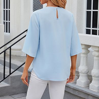Women Casual Round Neck Top Five-Sleeve Loose Chiffon Versatile Styling Blouse Ruffled Neckline Top