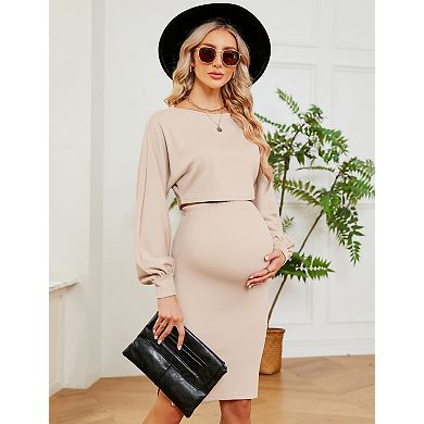 Maternity 2 Piece Puff Long Sleeve Knit Top Bodycon Midi Skirt Sets Dress