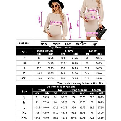 Maternity 2 Piece Puff Long Sleeve Knit Top Bodycon Midi Skirt Sets Dress