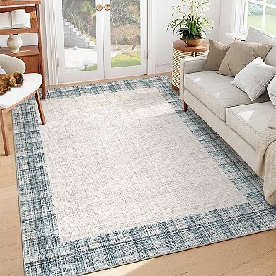 Modern Bordered Area Rug Machine Washable Non Slip Pet Friendly Low Pile for Living Room