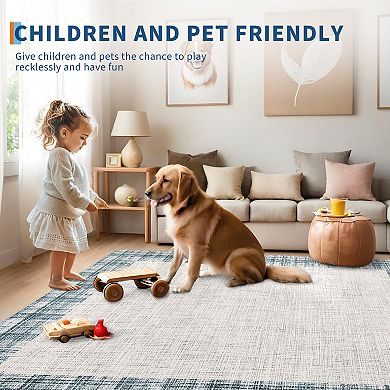 Modern Bordered Area Rug Machine Washable Non Slip Pet Friendly Low Pile for Living Room