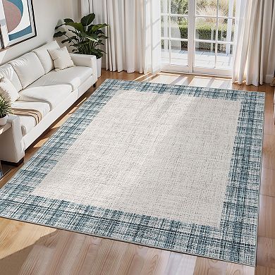 Modern Bordered Area Rug Machine Washable Non Slip Pet Friendly Low Pile for Living Room