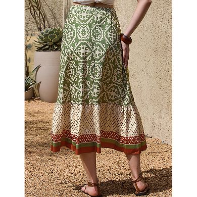 Maxi Boho Skirt for Women's A-Line High Waist Vacation Color Block Skirts