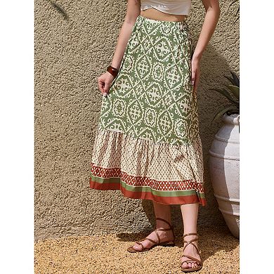 Maxi Boho Skirt for Women's A-Line High Waist Vacation Color Block Skirts