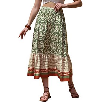 Maxi Boho Skirt for Women's A-Line High Waist Vacation Color Block Skirts