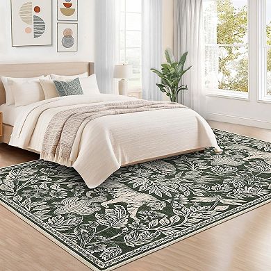 Animal & Foliage Print Area Rug Machine Washable Non shedding Low Pile Pet Friendly for Bedroom