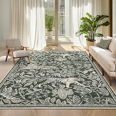 Animal & Foliage Print Area Rug Machine Washable Non shedding Low Pile Pet Friendly for Bedroom