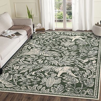 Animal & Foliage Print Area Rug Machine Washable Non shedding Low Pile Pet Friendly for Bedroom