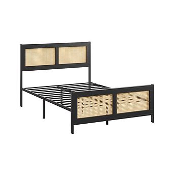 Boho Cane Platform Bed Frame with Headboard and Metal Slat Support