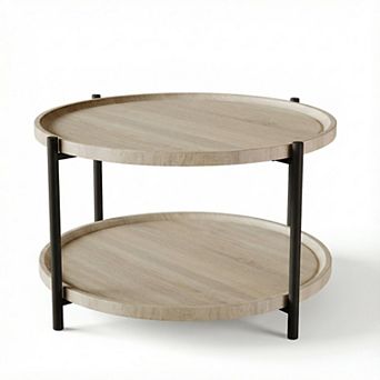 Round Coffee Table,2 tier Rustic Wood Desktop w/torage Shelf, Modern Accent Tea Center Table