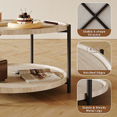 Round Coffee Table,2 Tier Rustic Wood Desktop w/torage Shelf, Modern Accent Tea Center Table