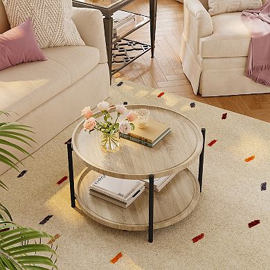 Round Coffee Table,2 Tier Rustic Wood Desktop w/torage Shelf, Modern Accent Tea Center Table