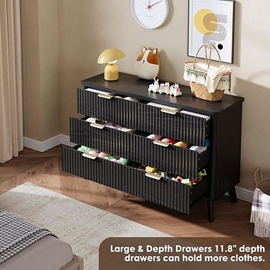 Modern Fluted Dresser with Six Drawers, Curved Profile and Gold Handles