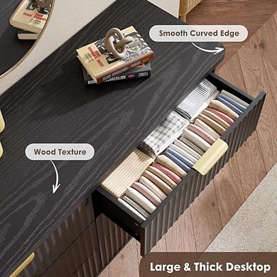 Modern Fluted Dresser with Six Drawers, Curved Profile and Gold Handles