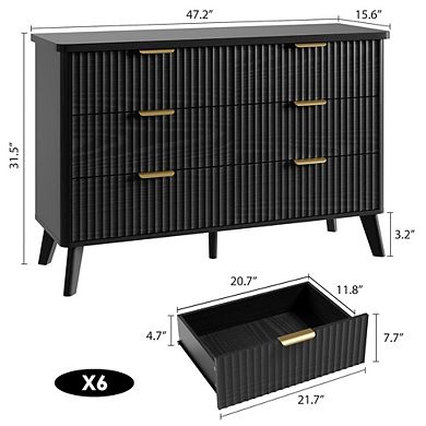 Modern Fluted Dresser with Six Drawers, Curved Profile and Gold Handles