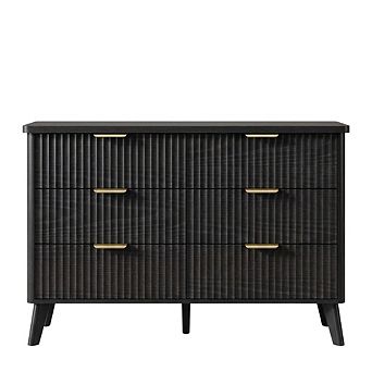 Modern Fluted Dresser with Six Drawers, Curved Profile and Gold Handles