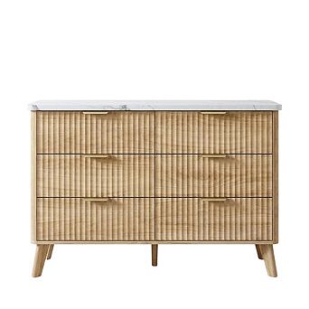 Modern Fluted Dresser with Six Drawers, Curved Profile and Gold Handles
