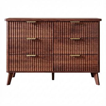 Modern Fluted Dresser with Six Drawers, Curved Profile and Gold Handles