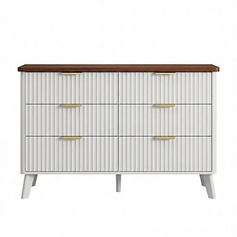Modern Fluted Dresser with Six Drawers, Curved Profile and Gold Handles