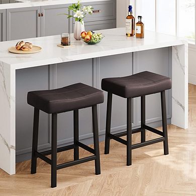 Modern Upholstered Bar Stool Set with Saddle Seat and Metal Base