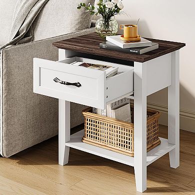 2-Tier Industrial Nightstand with Drawer & Open Shelf, 23" Tall Space-Saving Side Table