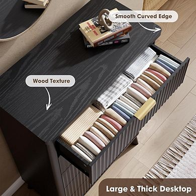 Modern Fluted Wooden Dresser with Curved Profile, Gold Handles and Marble Top Panel