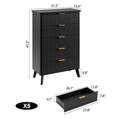 Modern Fluted Wooden Dresser with Curved Profile, Gold Handles and Marble Top Panel
