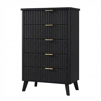 Modern Fluted Wooden Dresser with Curved Profile, Gold Handles and Marble Top Panel