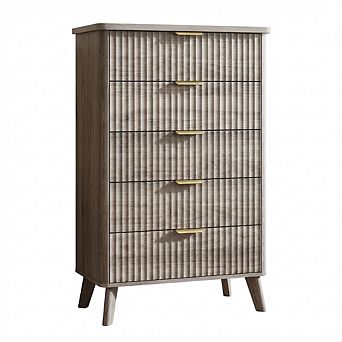 Modern Fluted Wooden Dresser with Curved Profile, Gold Handles and Marble Top Panel