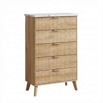 Modern Fluted Wooden Dresser with Curved Profile, Gold Handles and Marble Top Panel