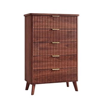 Modern Fluted Wooden Dresser with Curved Profile, Gold Handles and Marble Top Panel