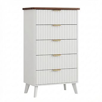 Modern Fluted Wooden Dresser with Curved Profile, Gold Handles and Marble Top Panel