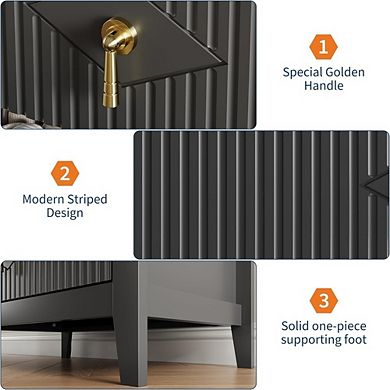 Fluted Nightstand with 3 Drawers and Metal Handle