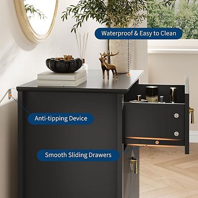 Fluted Nightstand with 3 Drawers and Metal Handle