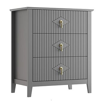 Fluted Nightstand with 3 Drawers and Metal Handle