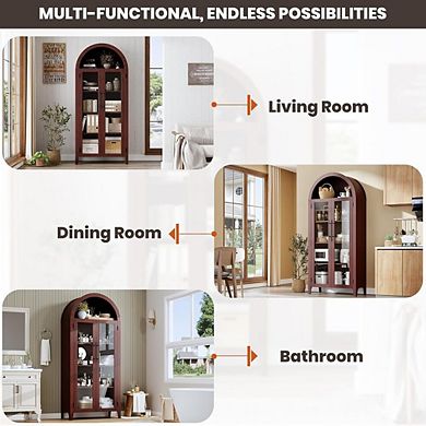 Arched Kitchen Pantry Storage Cabinet with Glass Doors and Open Shelves