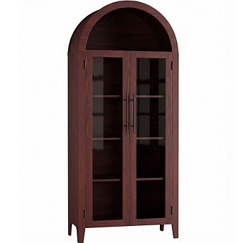 Arched Kitchen Pantry Storage Cabinet with Glass Doors and Open Shelves