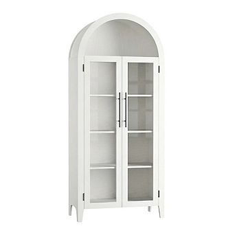 Arched Kitchen Pantry Storage Cabinet with Glass Doors and Open Shelves