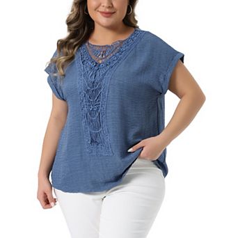 Women's Plus Size Summer Tops Short Sleeve Lace Shirts Boho Crochet Blouse