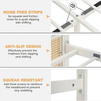 Rattan Platform Bed Frame with Boho Headboard and Metal Slat Support