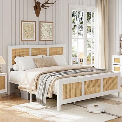 Rattan Platform Bed Frame with Boho Headboard and Metal Slat Support