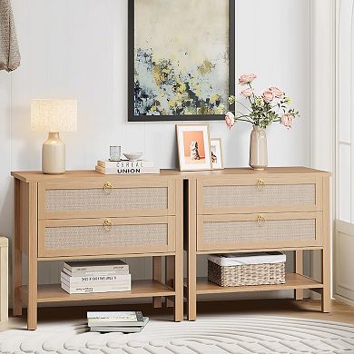 Rattan Nightstand Set of 2 - Boho Bedside Table with 2 Rattan Drawers