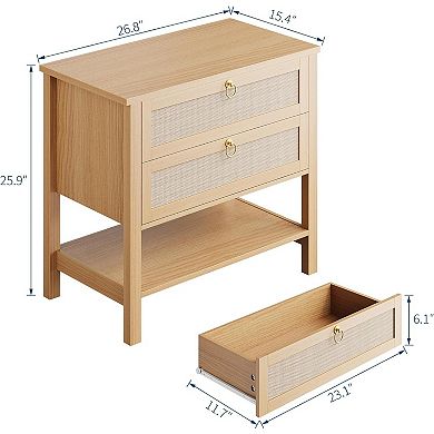 Rattan Nightstand Set of 2 - Boho Bedside Table with 2 Rattan Drawers