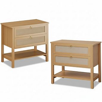 Rattan Nightstand Set of 2 - Boho Bedside Table with 2 Rattan Drawers