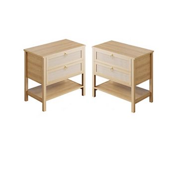 Rattan Nightstand Set of 2 - Boho Bedside Table with 2 Rattan Drawers