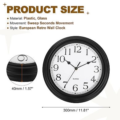 Vintage Wall Clock, 12" Plastic Finish Clock, Battery Operated Easy Install for Living Room Office