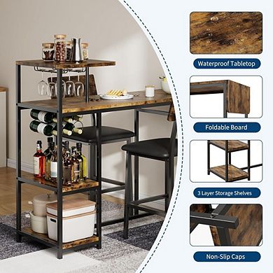 Expandable Bar Table and Chairs Set with Storage Shelves and Wine Rack