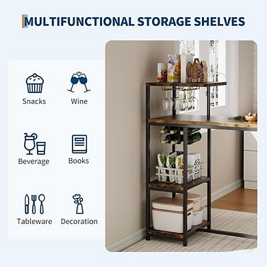 Expandable Bar Table and Chairs Set with Storage Shelves and Wine Rack
