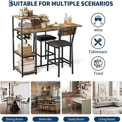 Expandable Bar Table and Chairs Set with Storage Shelves and Wine Rack